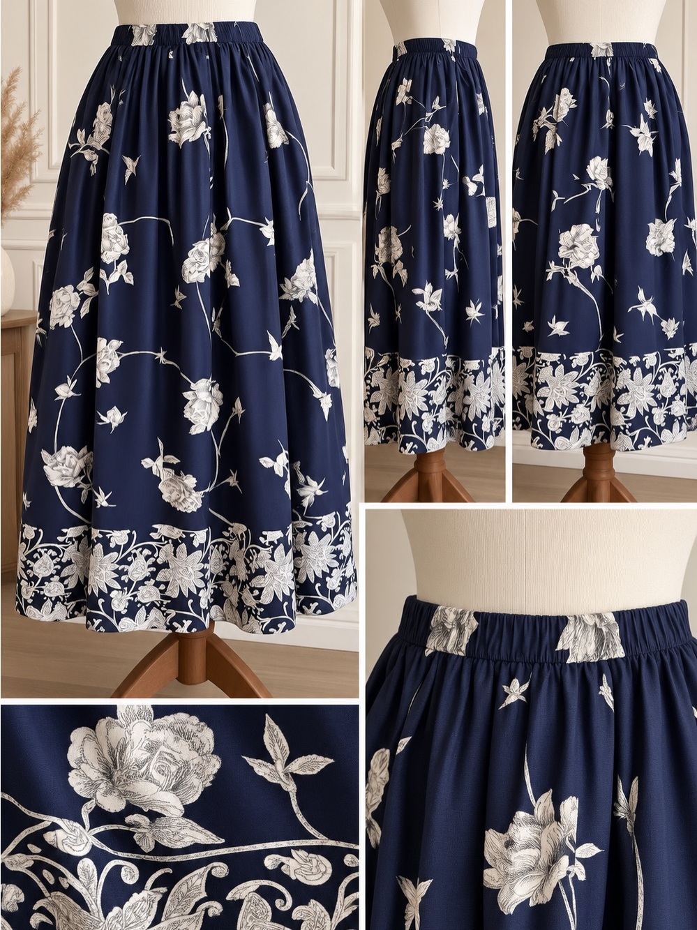Vintage Navy Blue Floral Midi Skirt - Women